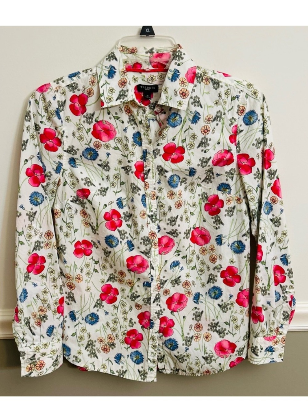 Talbots Floral Button Down Shirt Cotton Roll Tab Sleeves Garden Print Petite 2